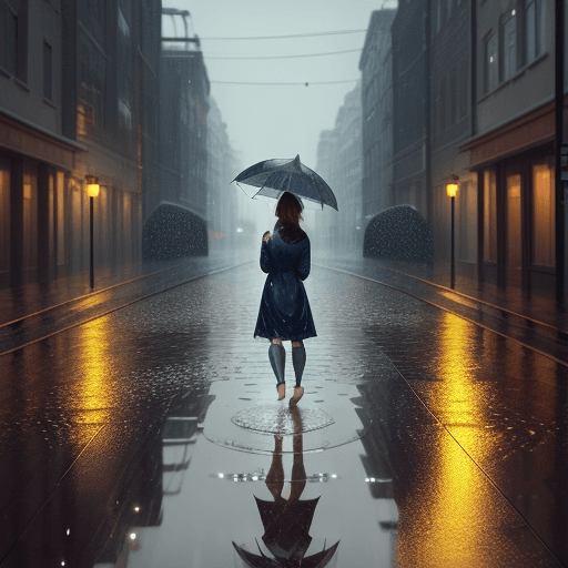 AI generated: A city street bathed in the gentle glow of street lamps, with a beautiful boy walking in the rain. S...