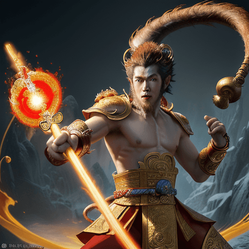 AI generated: masterpiece, concept art, mid shot, dynamic pose, centered, splash art, Sun wukong, (anthropomorphis...