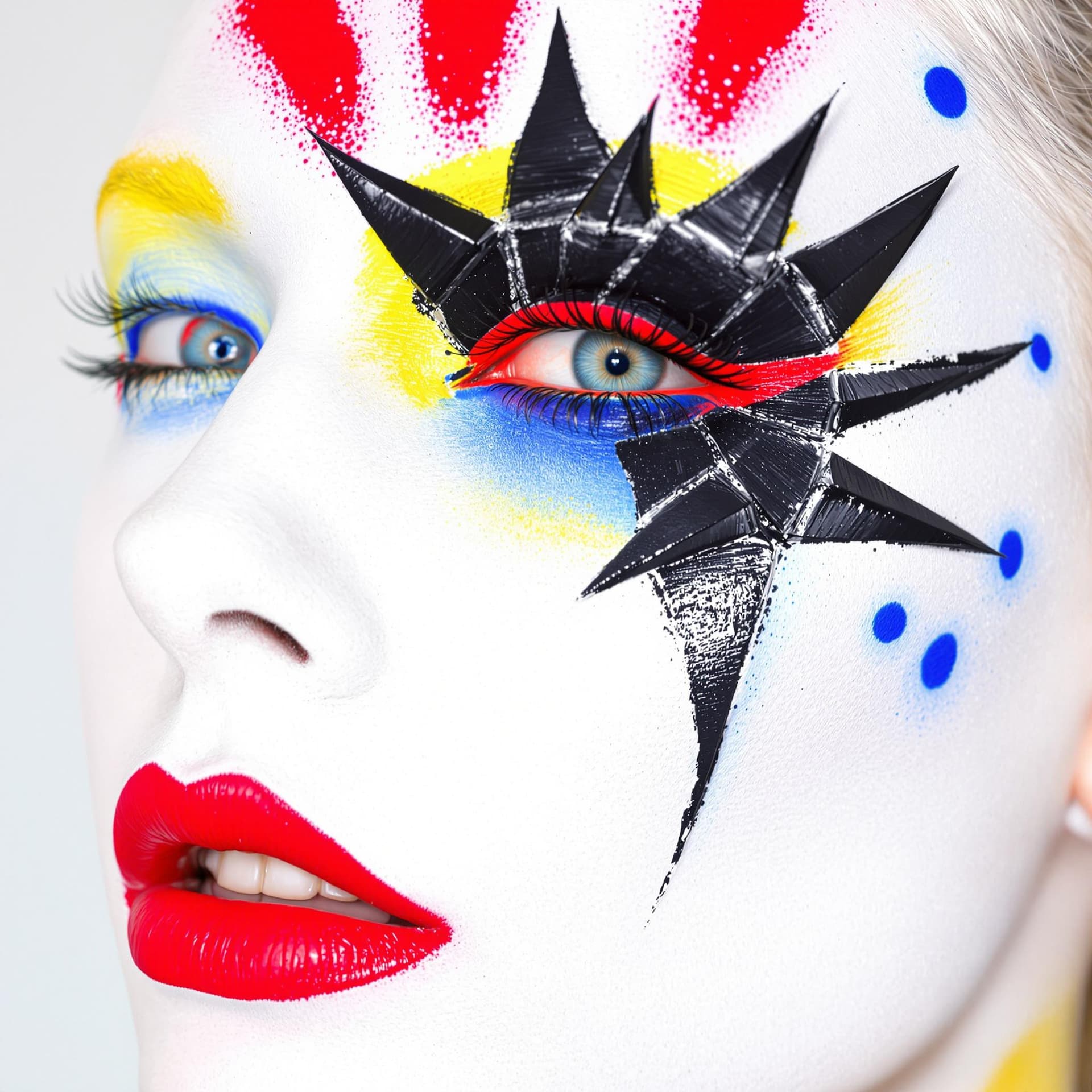 AI generated: The image features a close-up of a person's face adorned with bold, intricate makeup. The palette pr...