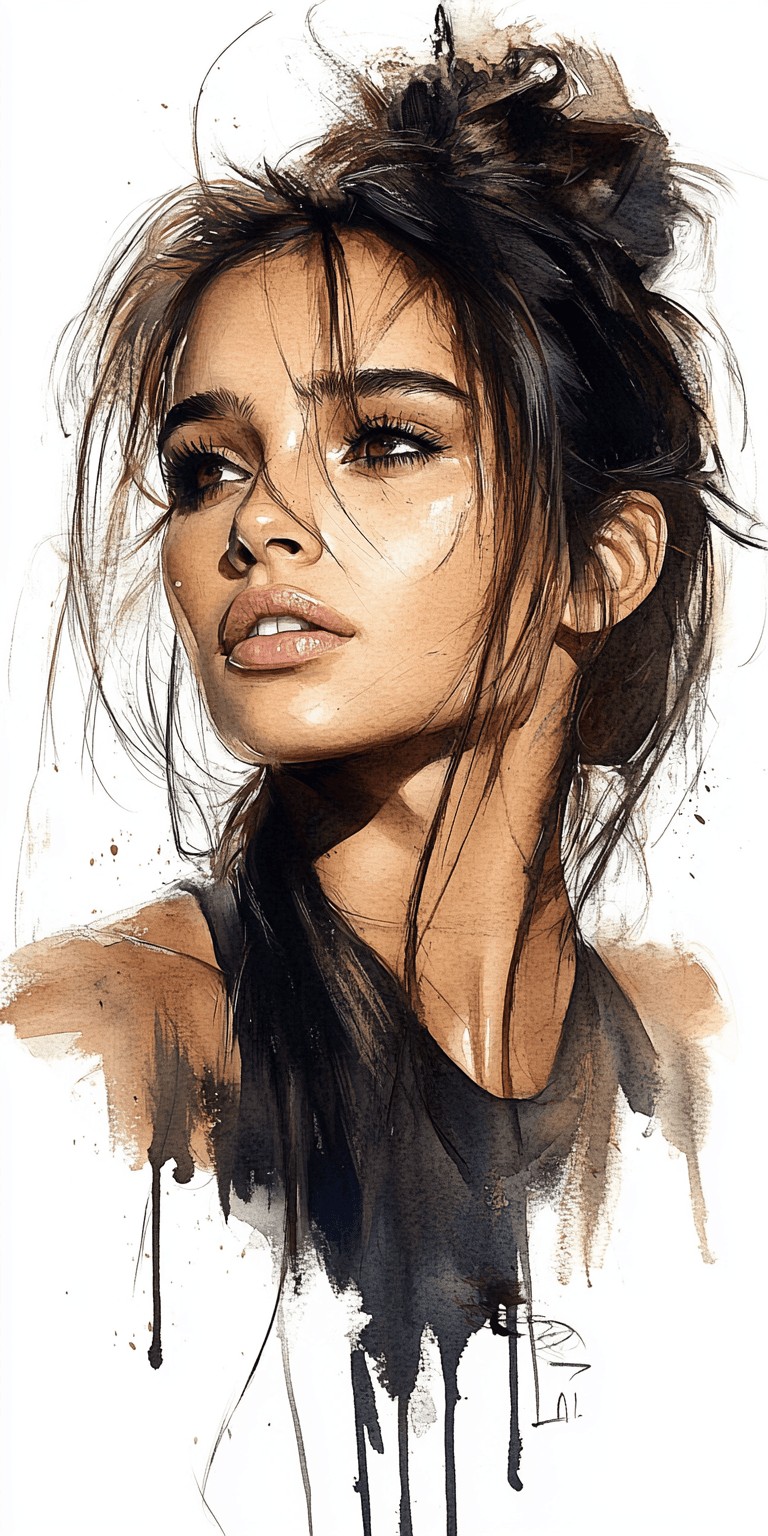 AI generated: Watercolor portrait of a woman, free brushwork --chaos 75 --ar 1:2 --style raw --profile rsy6uq9 --s...