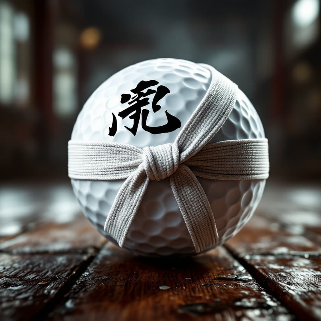 AI generated: A karate dojo-themed golf ball with white belt wrap and dojo kanji symbols.background "with love" ul...