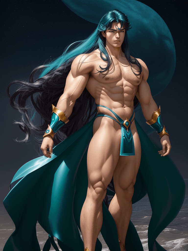 AI generated: Aquarius Camus from Saint Seiya, french complexion, big muscles and big thighs, dark-teal hair, in h...