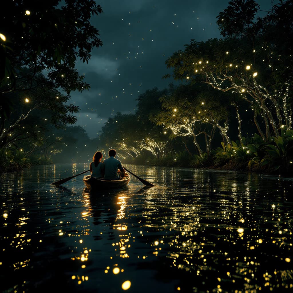 AI generated: Photo of a ultra realistic a rowing boatman with a couple of tourist, tropical river, dramatic firef...