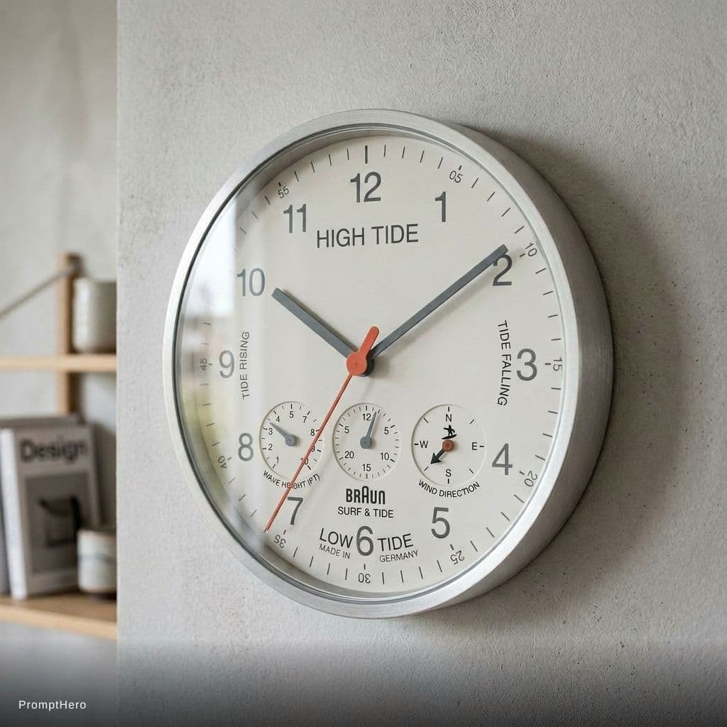 AI generated: Using this clock creates a clock that for its main arm points out what tide it is for a surfer. So a...