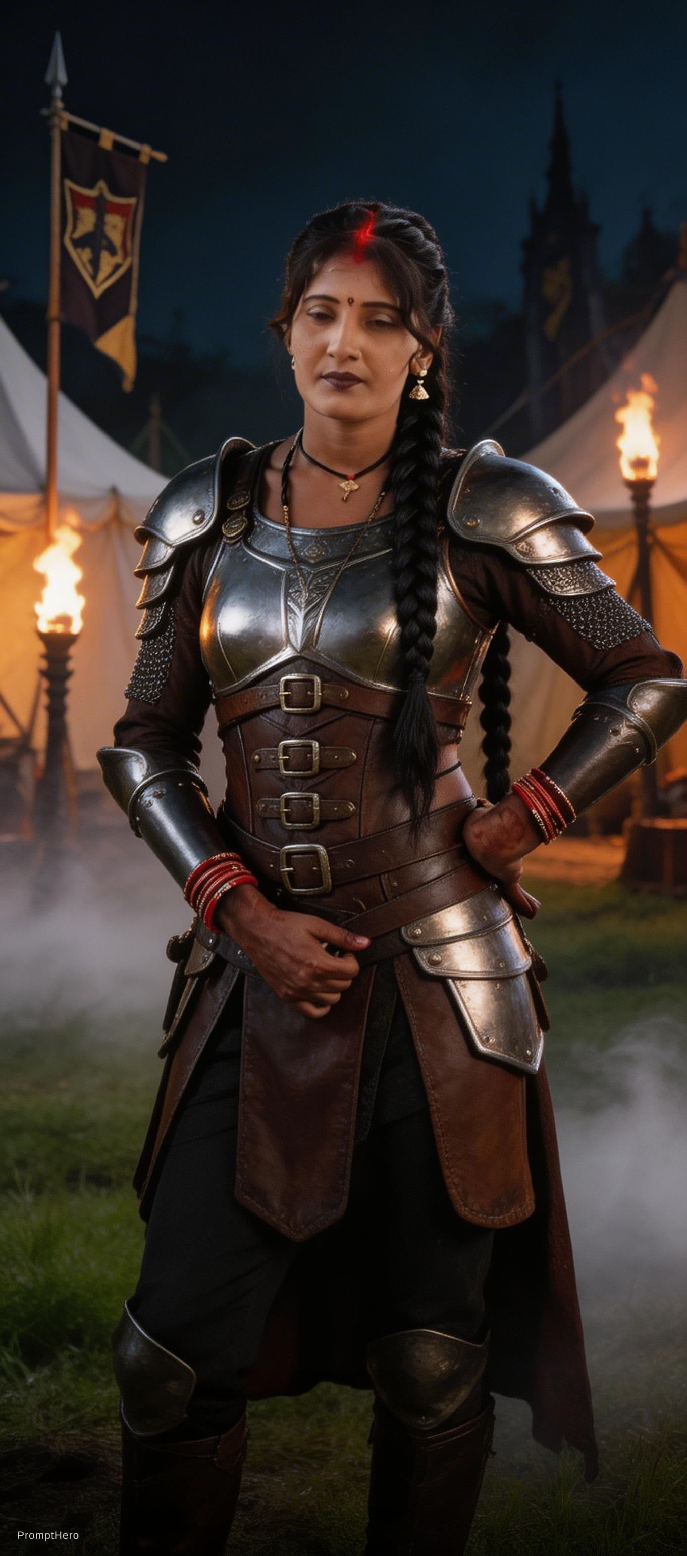 AI generated: A powerful, curvaceous warrior woman with long braided black hair cascading over her shoulders stand...
