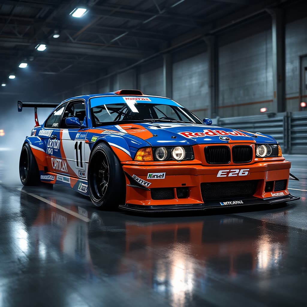 AI generated: bmw m3 e36 drift car blue with race livery on drift race 