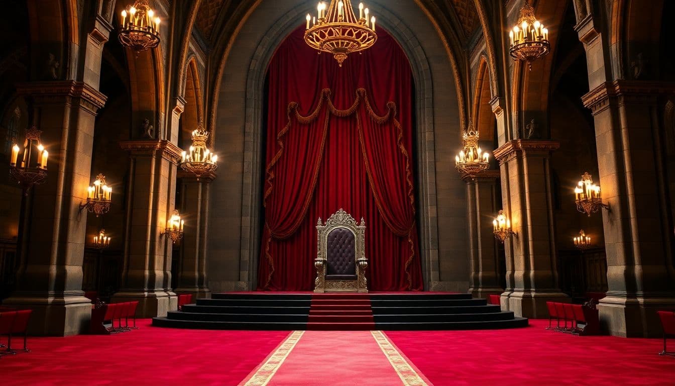 AI generated: a grand, ornate throne room with a majestic red carpet leading up to a raised platform, where a thro...