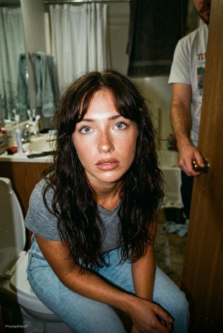 AI generated: Grainy late-1990s digicam snapshot of a young woman in her early 20s, captured in a raw, candid ever...