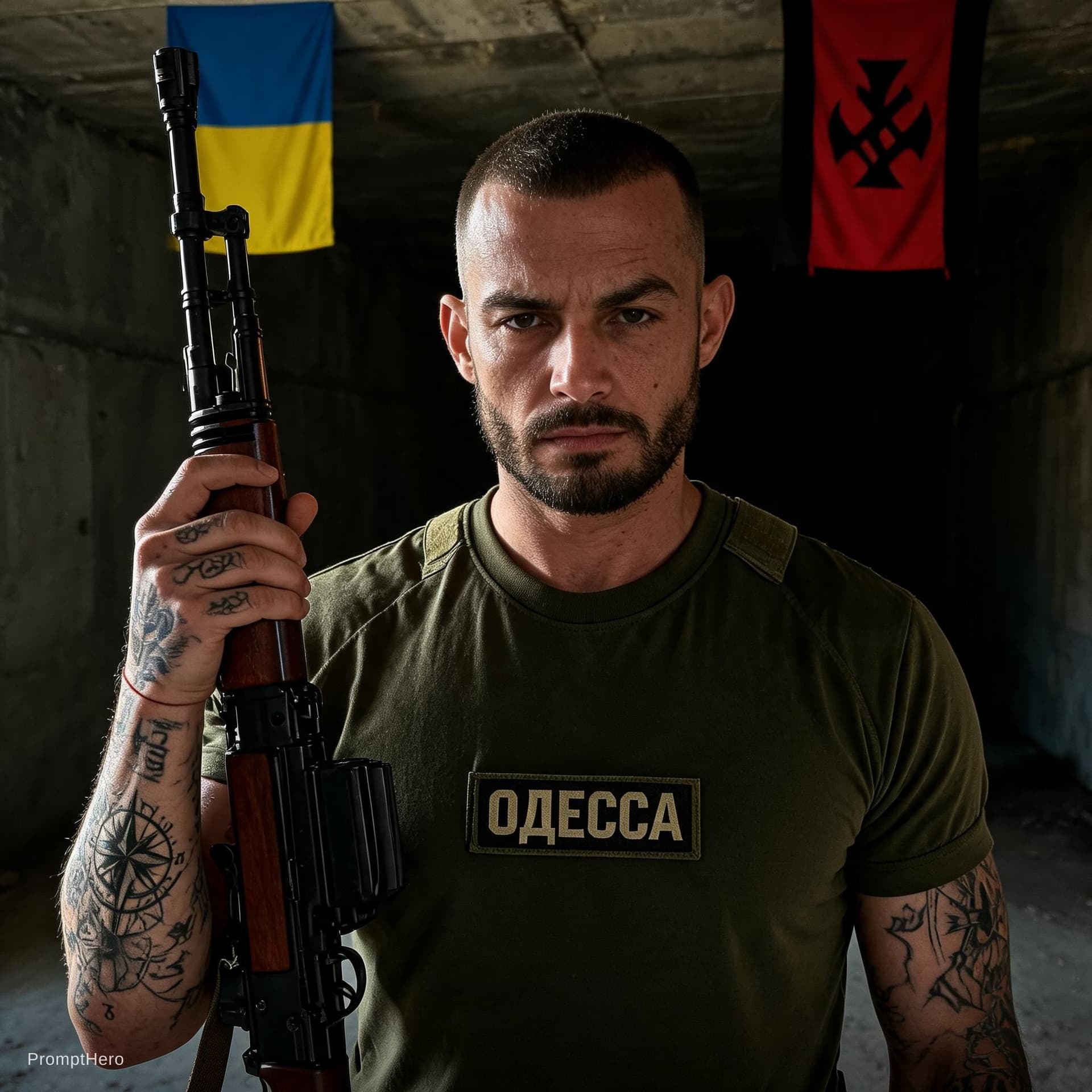 AI generated: Cinematic photo of a tough athletic eastern european man with a buzzcut and short beard, wearing an ...