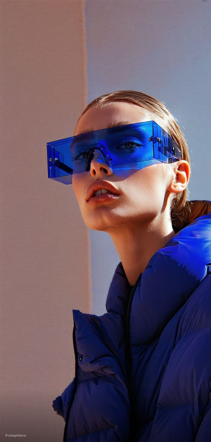 AI generated: Fashion shoot, Jacquemus and Moncler collaboration: dark blue translucent futuristic sunglasses, hyp...