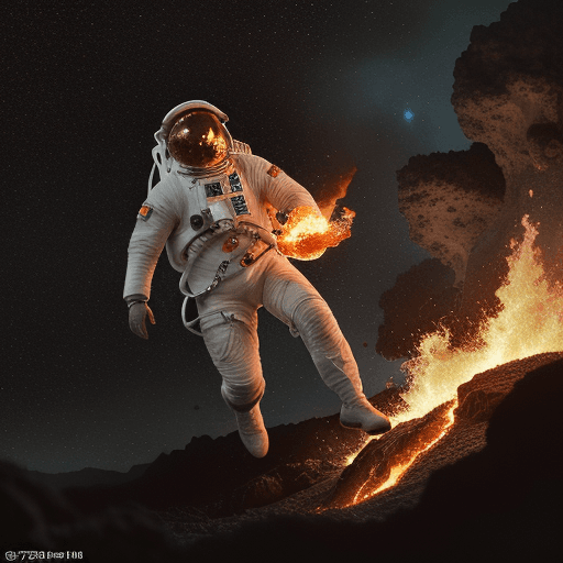 AI generated: space astronaut in spacesuit and flying past lava and fire, in the style of hyperrealistic marine li...
