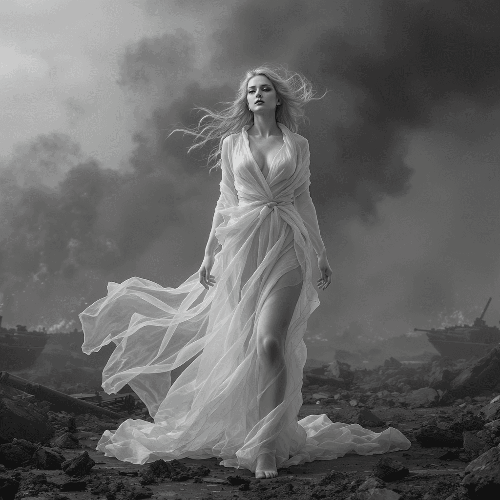 AI generated: A graceful female figure in a dynamic pose, wrapped in flowing transparant white fabric, standing am...