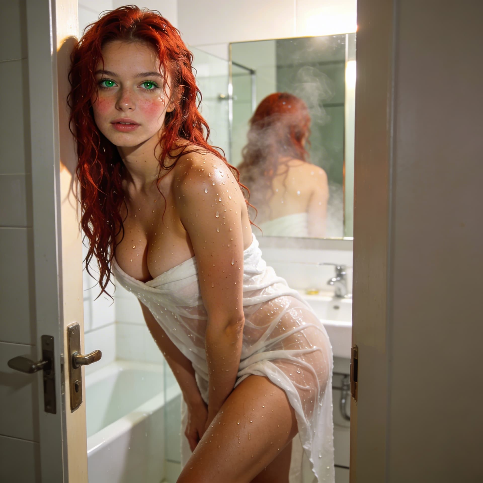 AI generated: Photorealistic young woman with long wet wavy red hair, emerald green eyes, flushed cheeks, water dr...