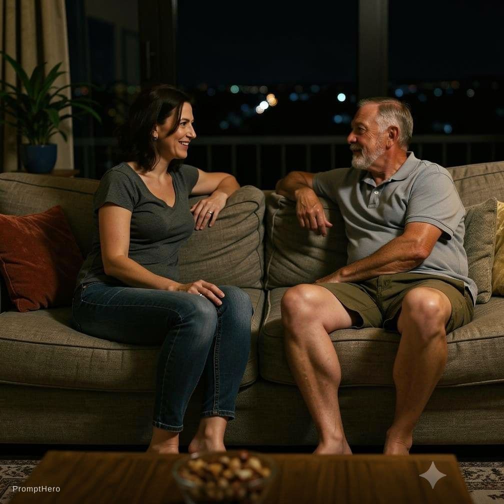 AI generated: generate a photo realistic image of 3 people seating together in living room sofa. 1 woman, 1 black ...
