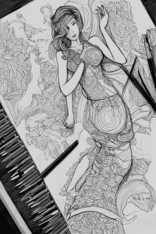 AI generated: meta, concept art, a coloring book page, extremely detailed, woman drawing herself, woman as line ar...