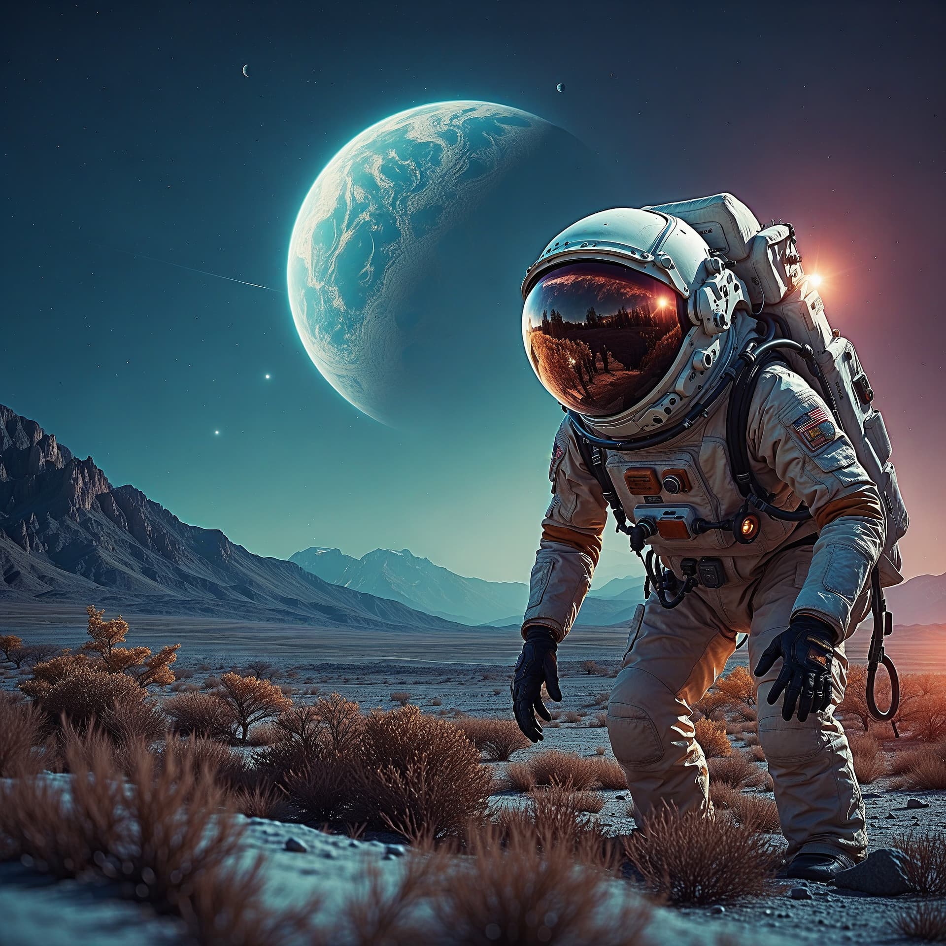 AI generated: view from beautiful alien planet ,nebulas,retro sci fi technique,many alien flora and alien fauna,ve...