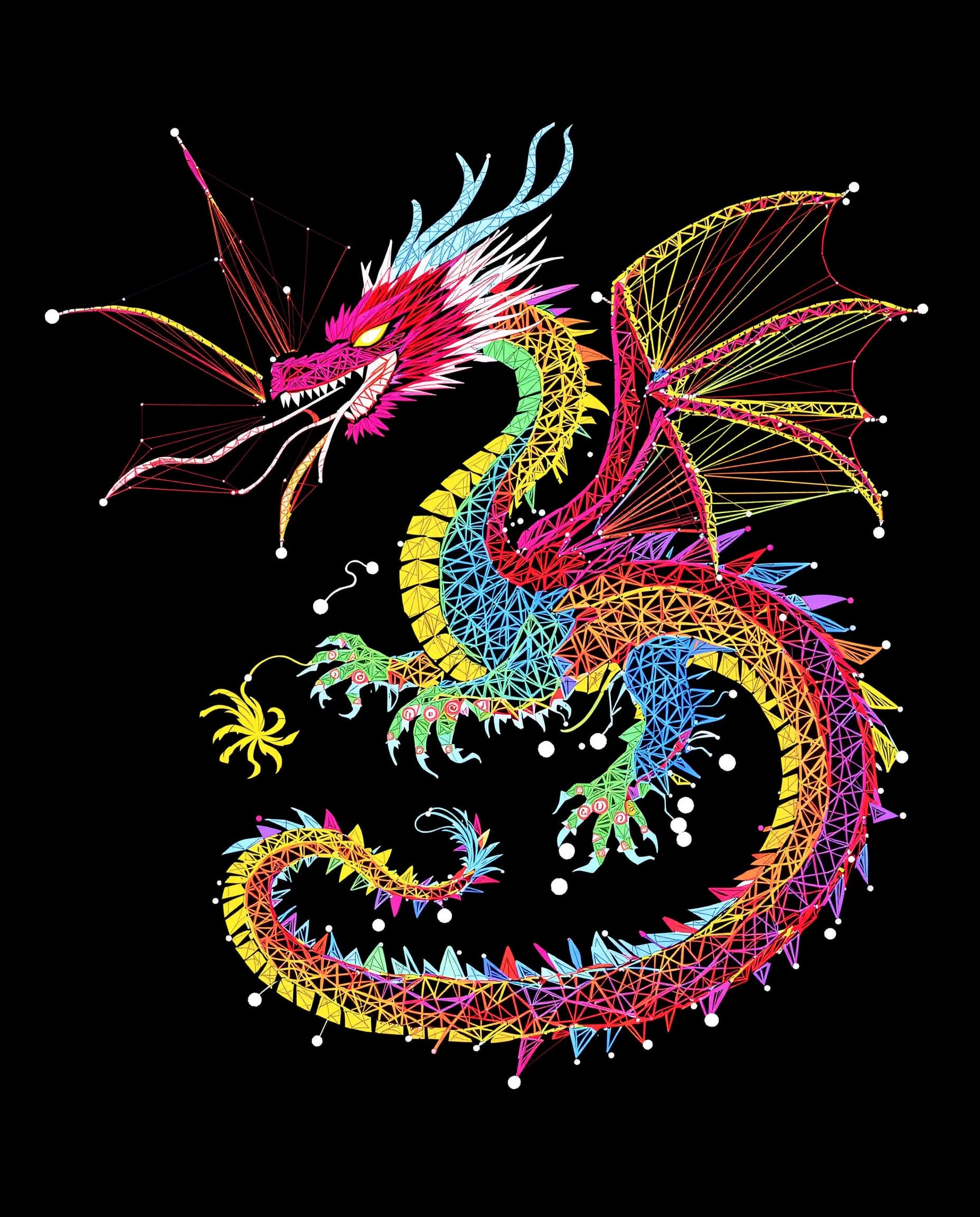 AI generated: String art style, string art style create a string artwork using colored thread of a dragon in fligh...