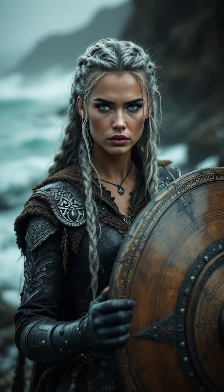 AI generated: A hyper-realistic full-body image of a Viking woman with long silver braided hair, wearing a steel-r...