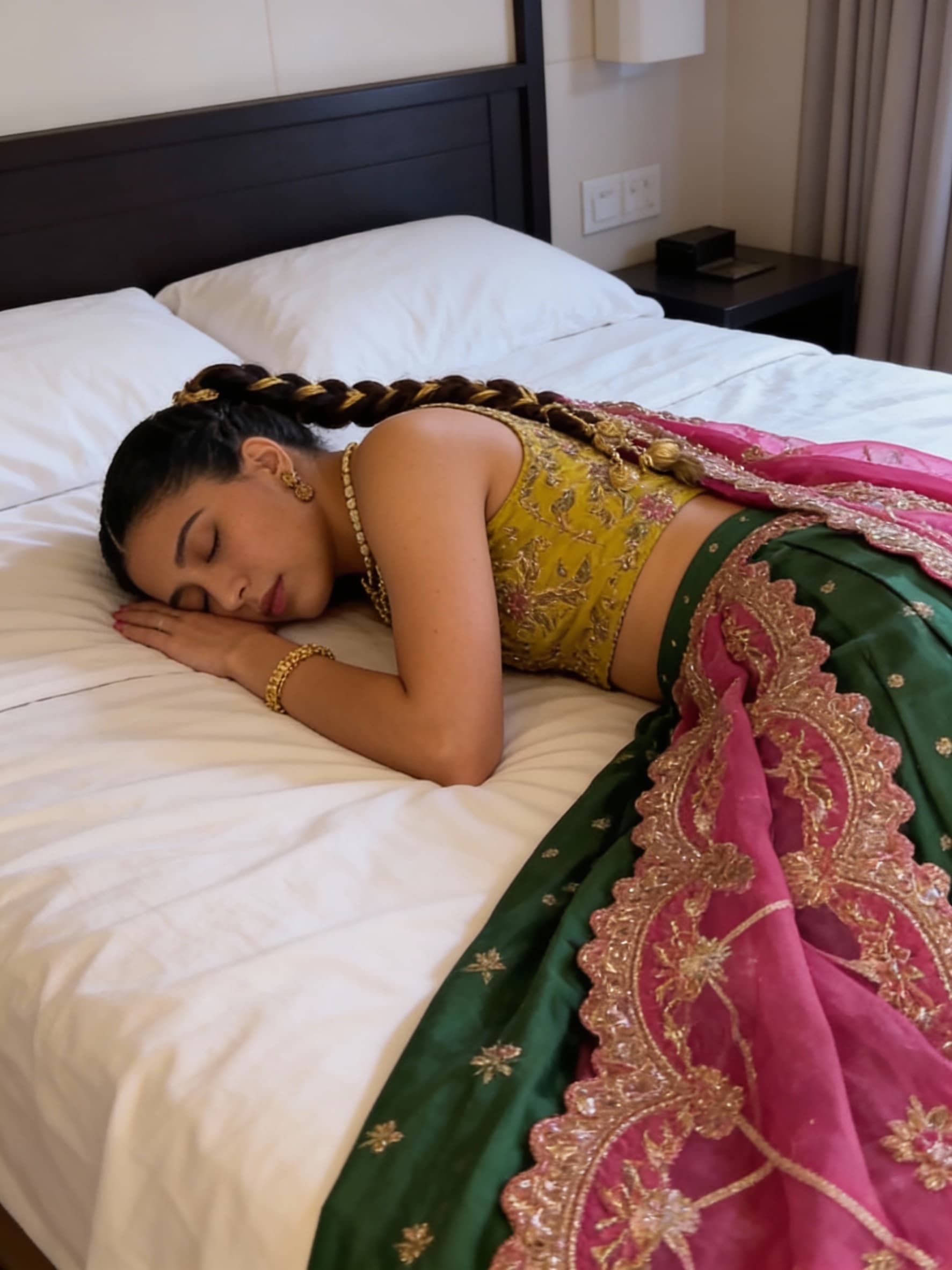AI generated: This girl is sleeping lying face down on bed in sleeveless yellow lehenga 