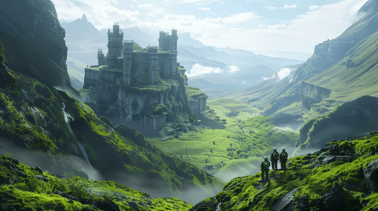 AI generated: cyberpunk castle ruins covered by wild vegetation in a wide valley, where a group of explorers dress...