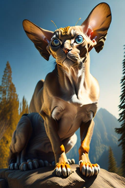 AI generated: (a hairless sphinx cat:1.2), (with wings:1.1), (soaring above a forest:1.2), (chasing a beautiful bi...