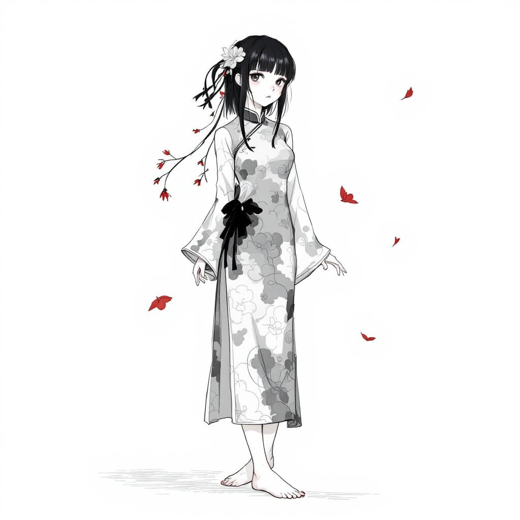 AI generated: full body view a dark haired girl dressed in an asian style, very short Qipao, flower in the hair,ba...
