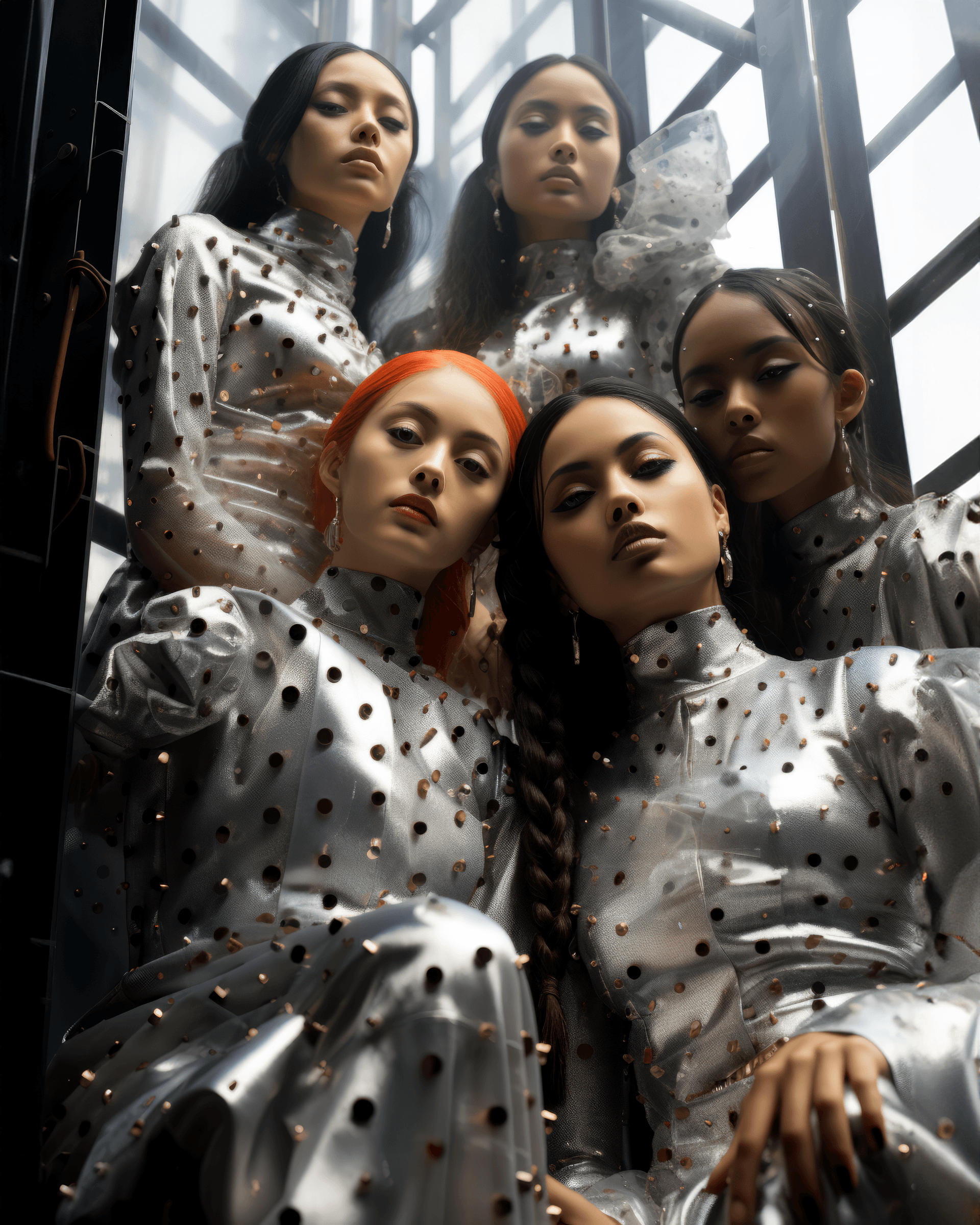 AI generated: a group of females dressed in silver and posing for a photo shoot in front of scaffolding, in the st...