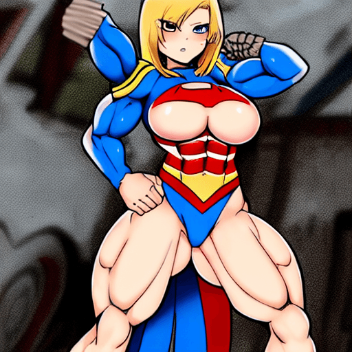 AI generated: Muscly Busty Supergirl saluting 
