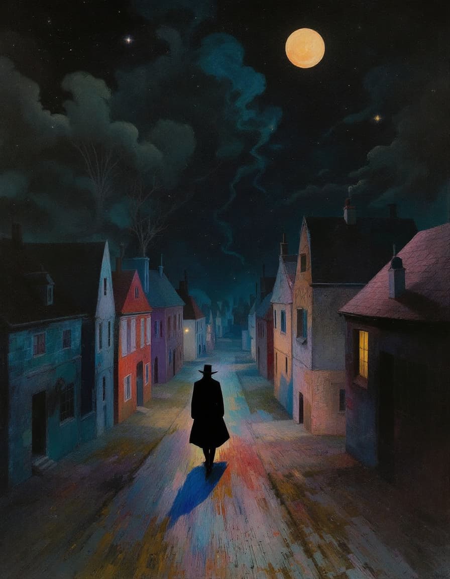 AI generated: a villain creeps through a town at night in this surrealist painting by Rene Magritte