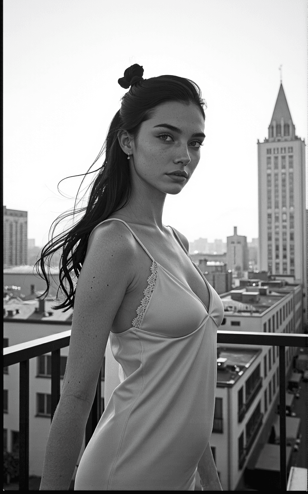 AI generated: Erotic, seductive, sensual documentary-style fantasy photograph of a woman on a city balcony in soft...