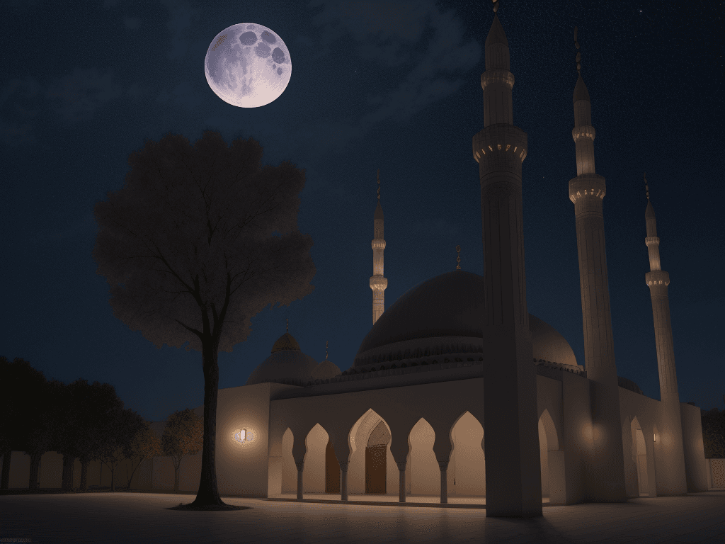 AI generated: A mosque at night, a big moon and starry night sky in the background, dates tree both side of the mo...