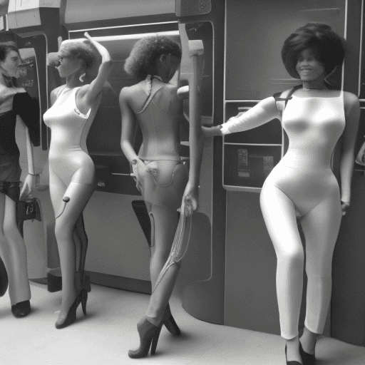 AI generated: multiple cash machines, multiple ladies with multiple dogs jumping near them, ladies wearing skintig...