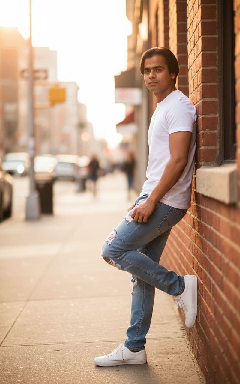 AI generated: a stylish young man with a lean, toned physique, brown eyes, black hair same as reference photo, cas...