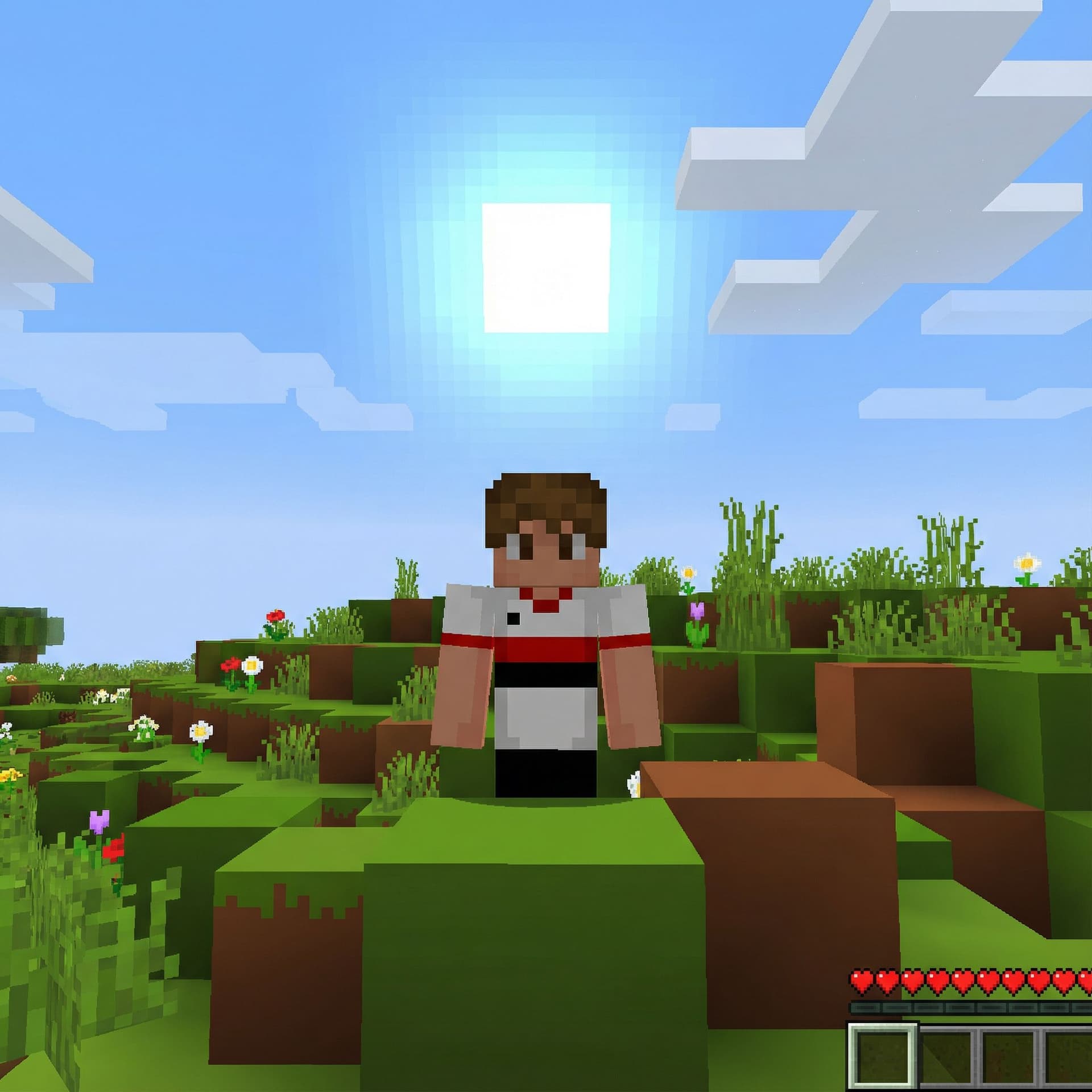 AI generated: Minecraft-style character standing in a grassy block landscape, wearing a white pixelated soccer jer...
