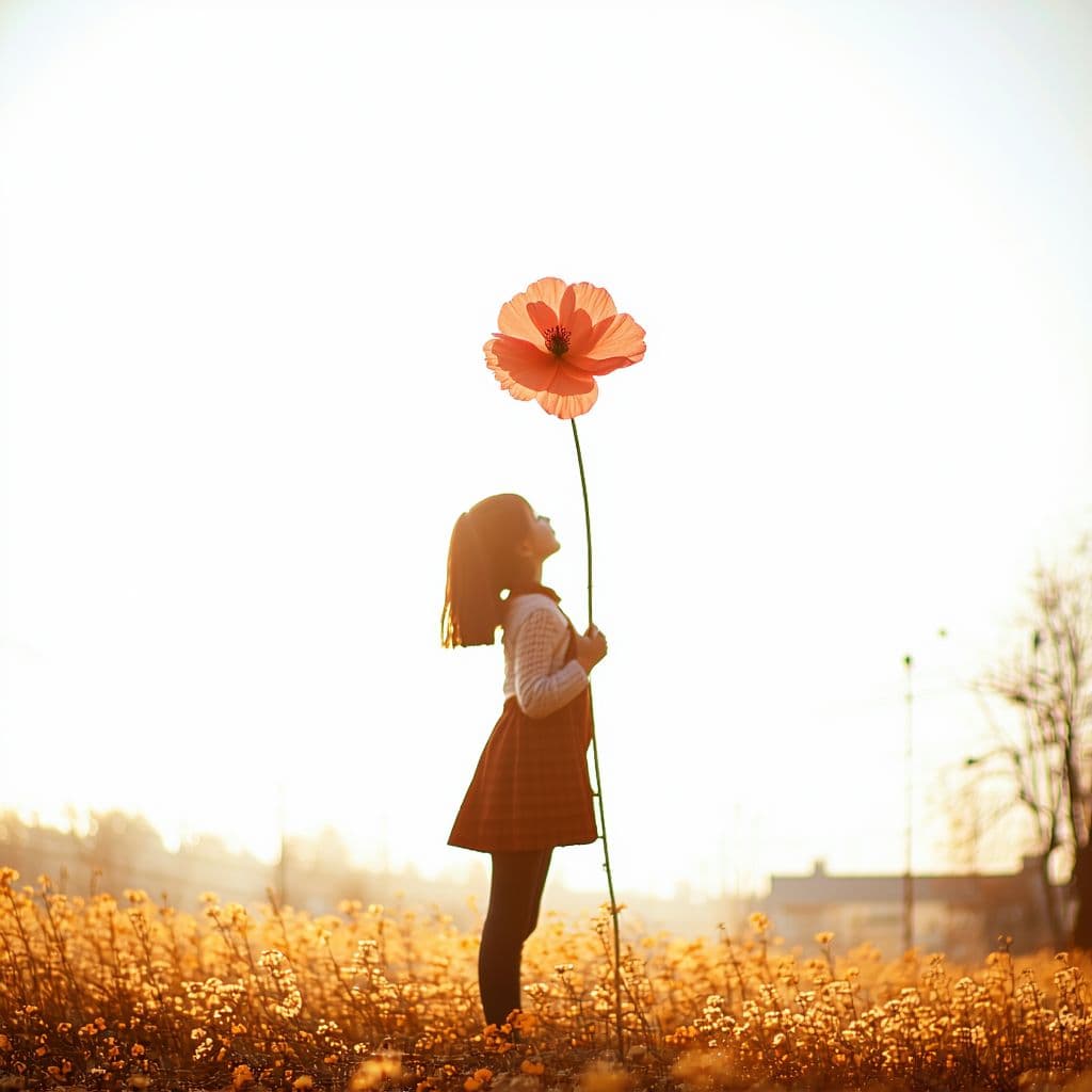 AI generated: A girl holding a huge flower, micro art, girl standing in the autumn field basking in the sun, autum...