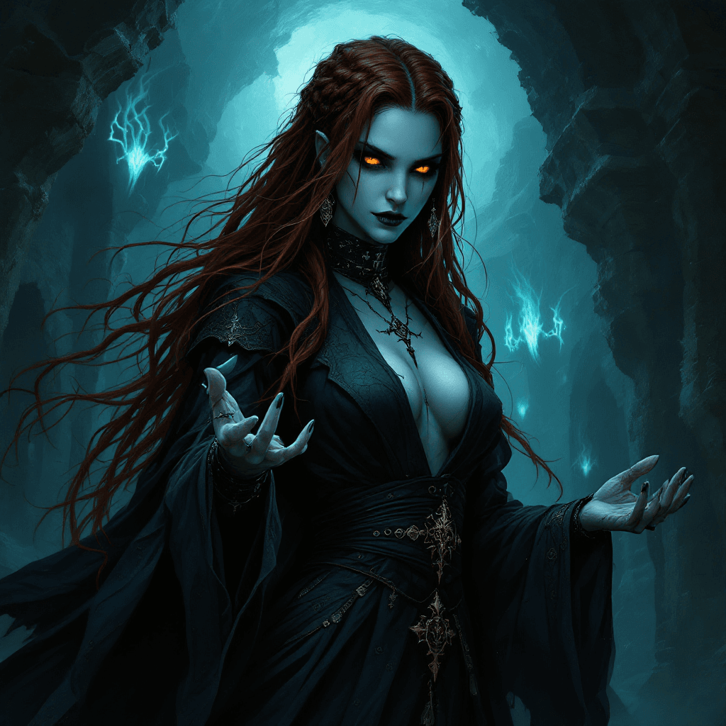AI generated: 13. The Abyssal Priestess: A haunting figure with long, dark auburn hair that seems to absorb the li...
