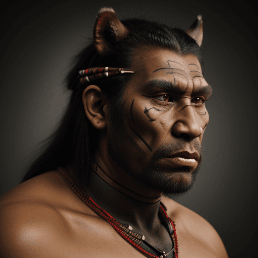 AI generated: hyperrealistic style, portrait photo of a Neanderthal man warrior chief, tribal panther make up, red...