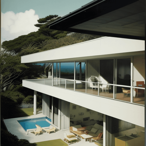 AI generated: Hyper realistic eye level exterior photo of a mid century modern style house overlooking the ocean, ...
