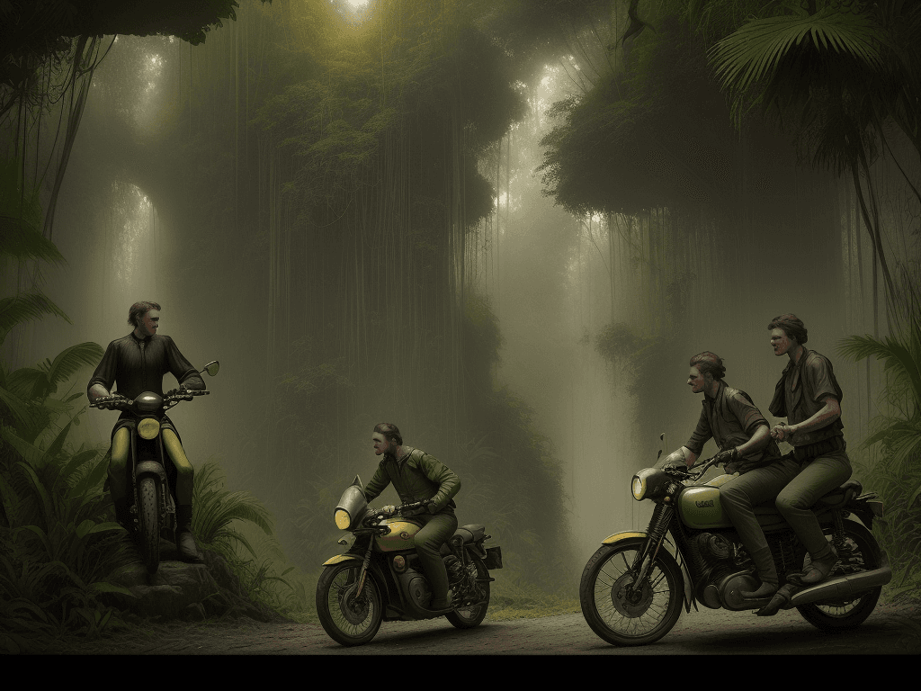 AI generated: Three men riding motorcycles in the jungle, in the style of dutch realism, lightbox, dark yellow and...