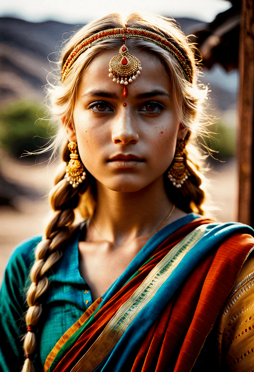 AI generated: A blonde freckles  girl is wearing an Indian traditional clothing