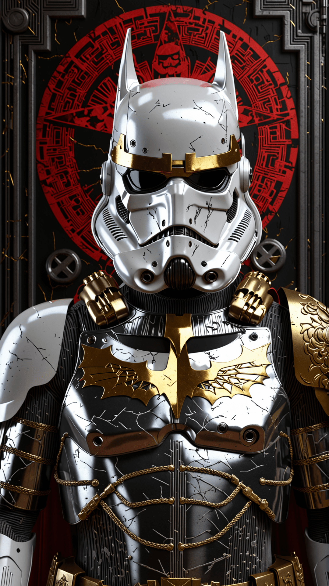 AI generated: octane render of cyberpunk batman by Tsutomu Nihei, chrome silk with intricate ornate weaved golden ...