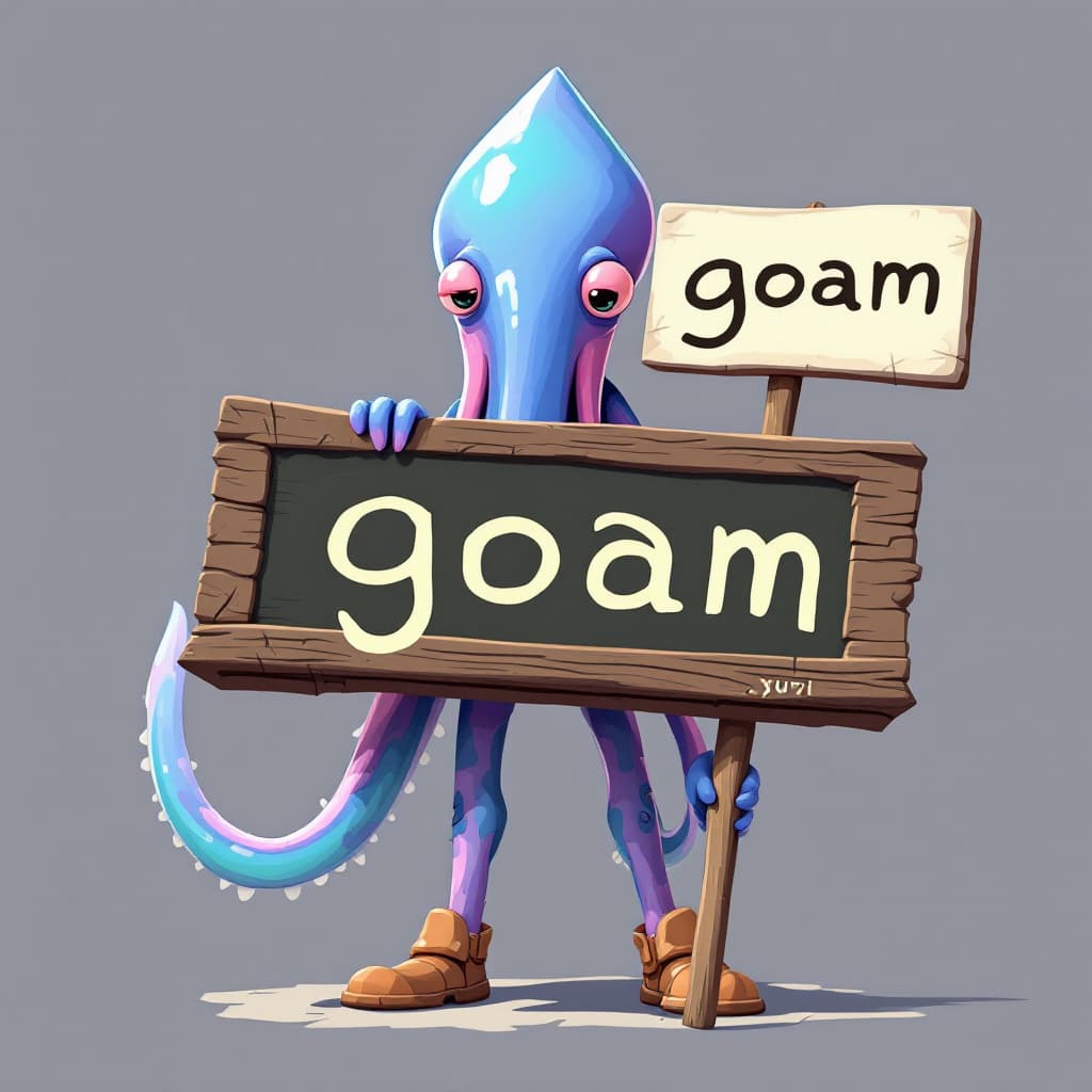 AI generated: Create jo yuri from the series “squid game” holding a sign that's written on it “goam”
