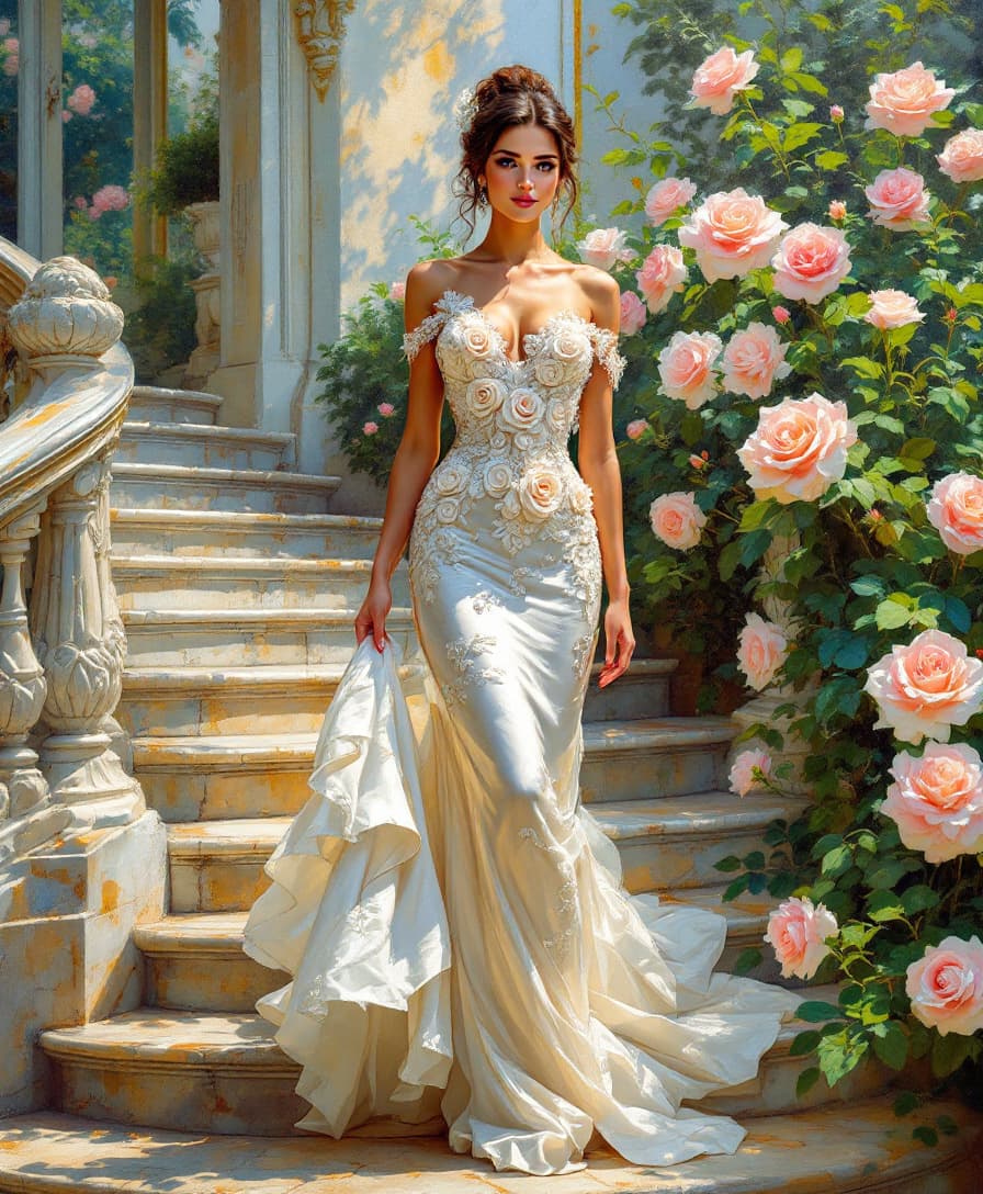 AI generated: Impressionist oil painting of an elegant woman in a luxurious white rococo dress adorned with intric...