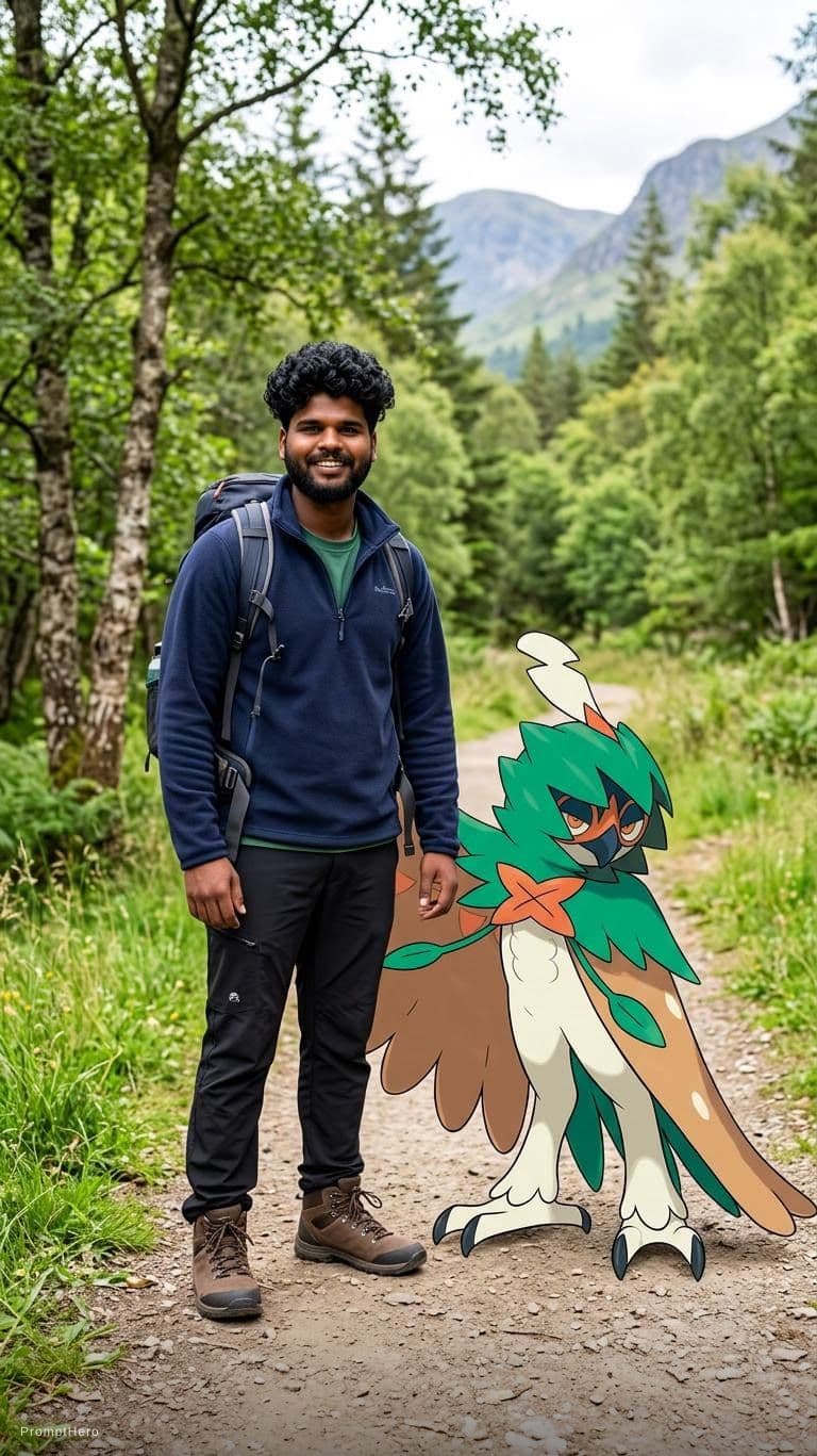 AI generated: a decidueye with a trainer wearing a blue fleece a green top black walking trousers and walking boot...