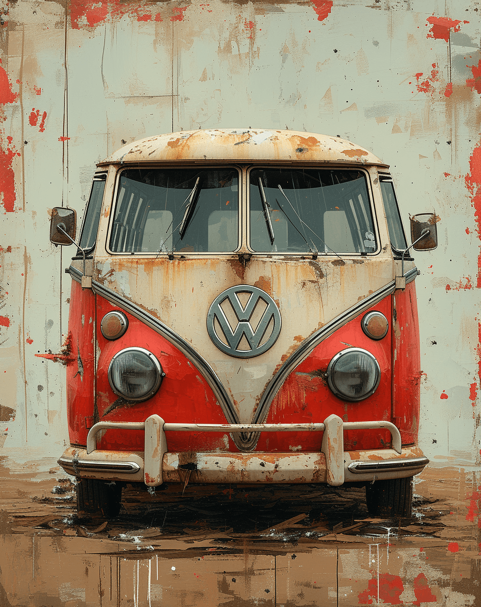 AI generated: vw bus, canvas art, abstract art printing, in the style of brian mashburn, light red and light brown...