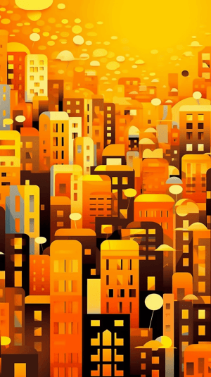 AI generated: Clip Art cityscape, vibrant colors and geometric patterns, a yellow background, designed by Herge, l...
