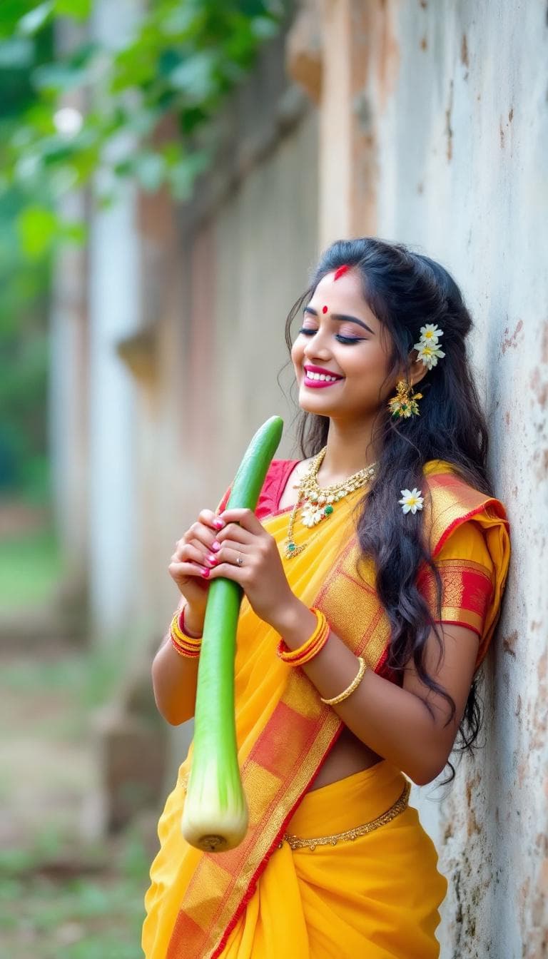 AI generated: A traditional South Indian girl wearing a yellow and red saree, standing outdoors near a village wal...