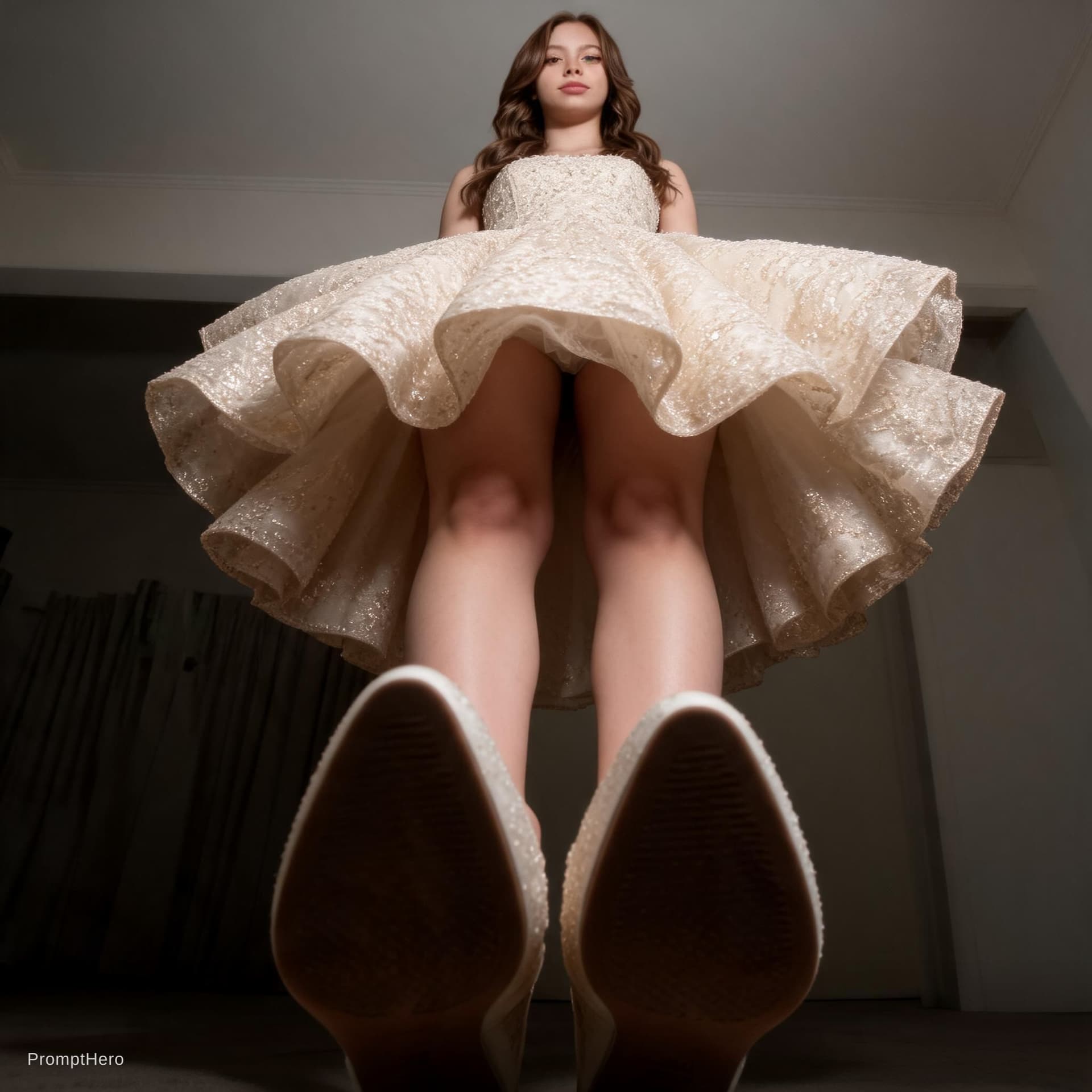 AI generated: The Person in first picture in the drees of the second picture. camera should be positioned at the f...