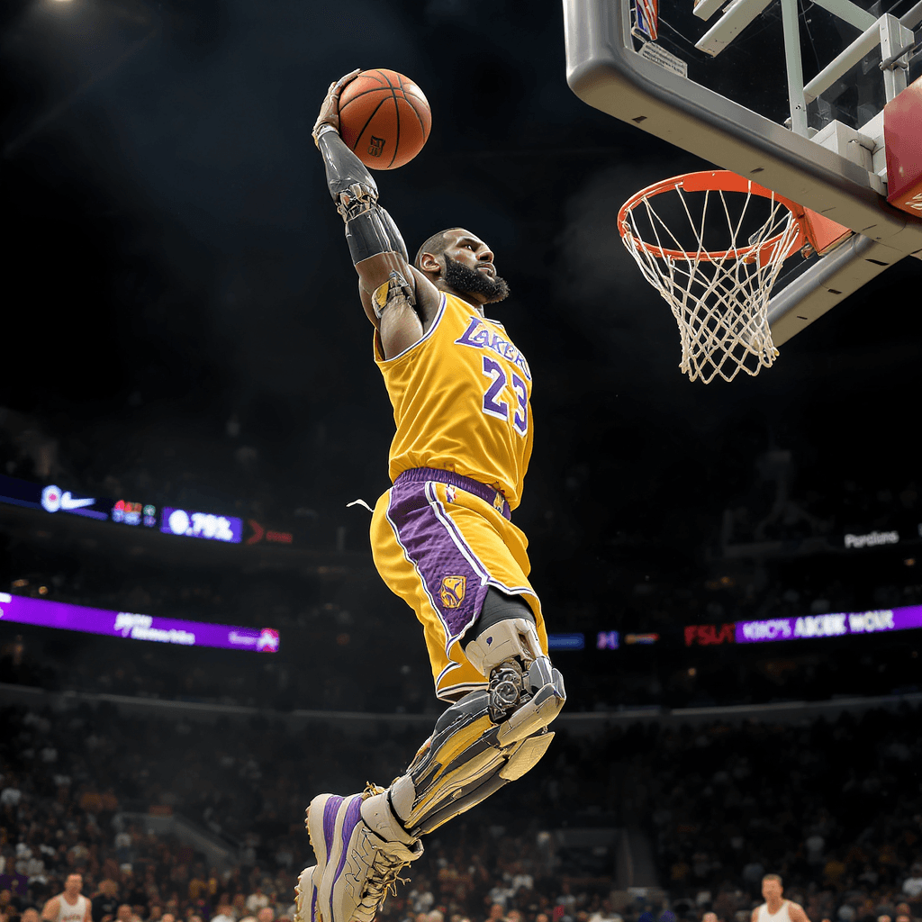 AI generated: A Cyborg Lebron James dunking a basketball, , dressed in LA Lakers Uniform, realistic perspective, x...