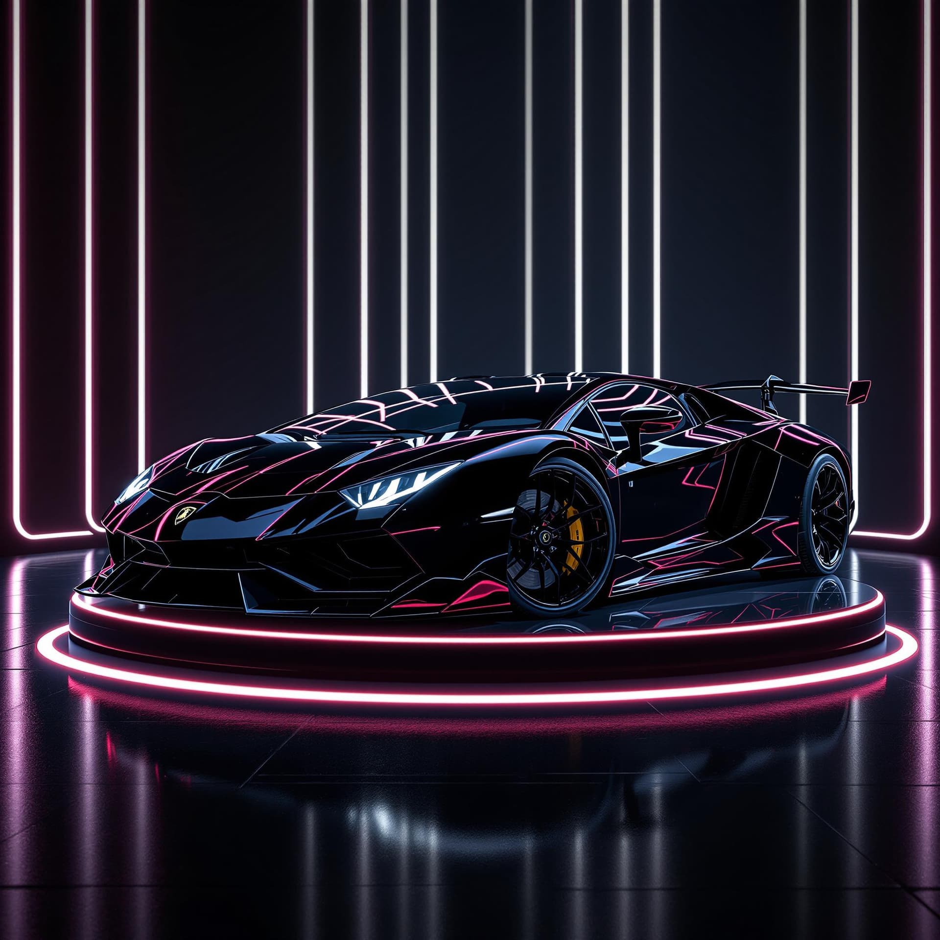 AI generated: BLACK lamborghini sports car with neon highlights with a dark cyberpunk background and glossy HIGH S...